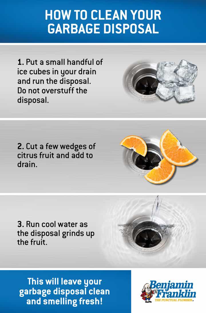 infographic showing the steps to clean your garbage disposal